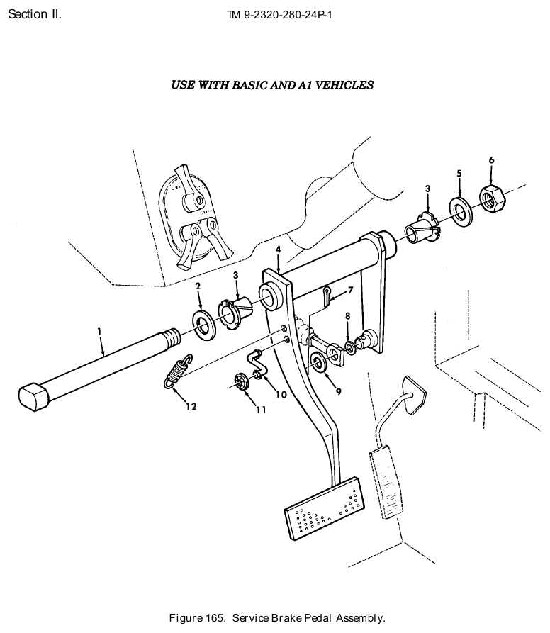 TM 9-2320-280-24P figure 165, Service Brake Pedal Assembly: exploded drawing with item numbers