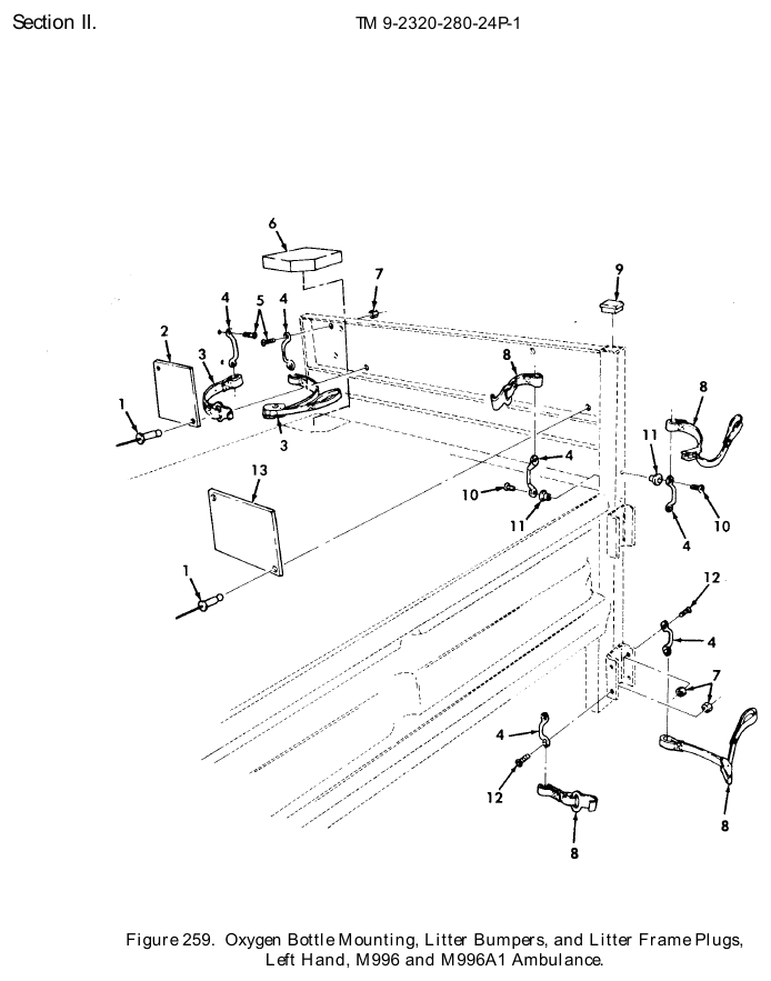TM 9-2320-280-24P figure 259, Oxygen Bottle Mounting, Litter Bumpers, and Litter Frame Plugs, Left Hand, M996 and M996A1 Ambulance: exploded drawing with item numbers