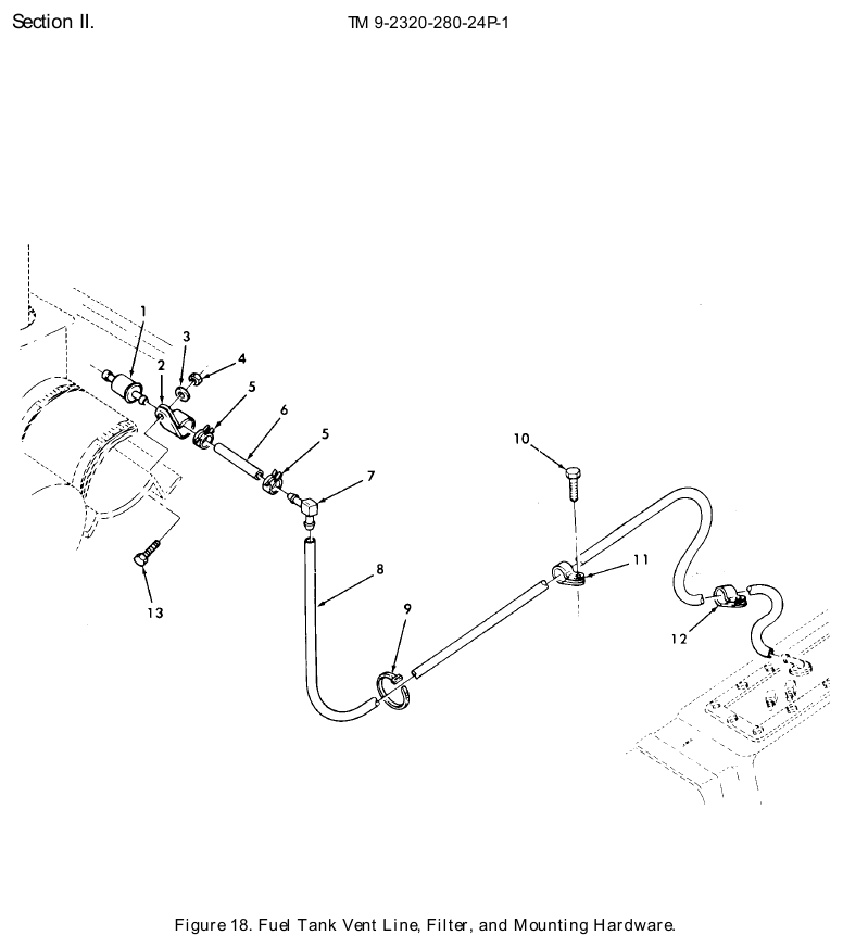 TM 9-2320-280-24P figure 18, Fuel Tank Vent Line, Filter, and Mounting Hardware: exploded drawing with item numbers