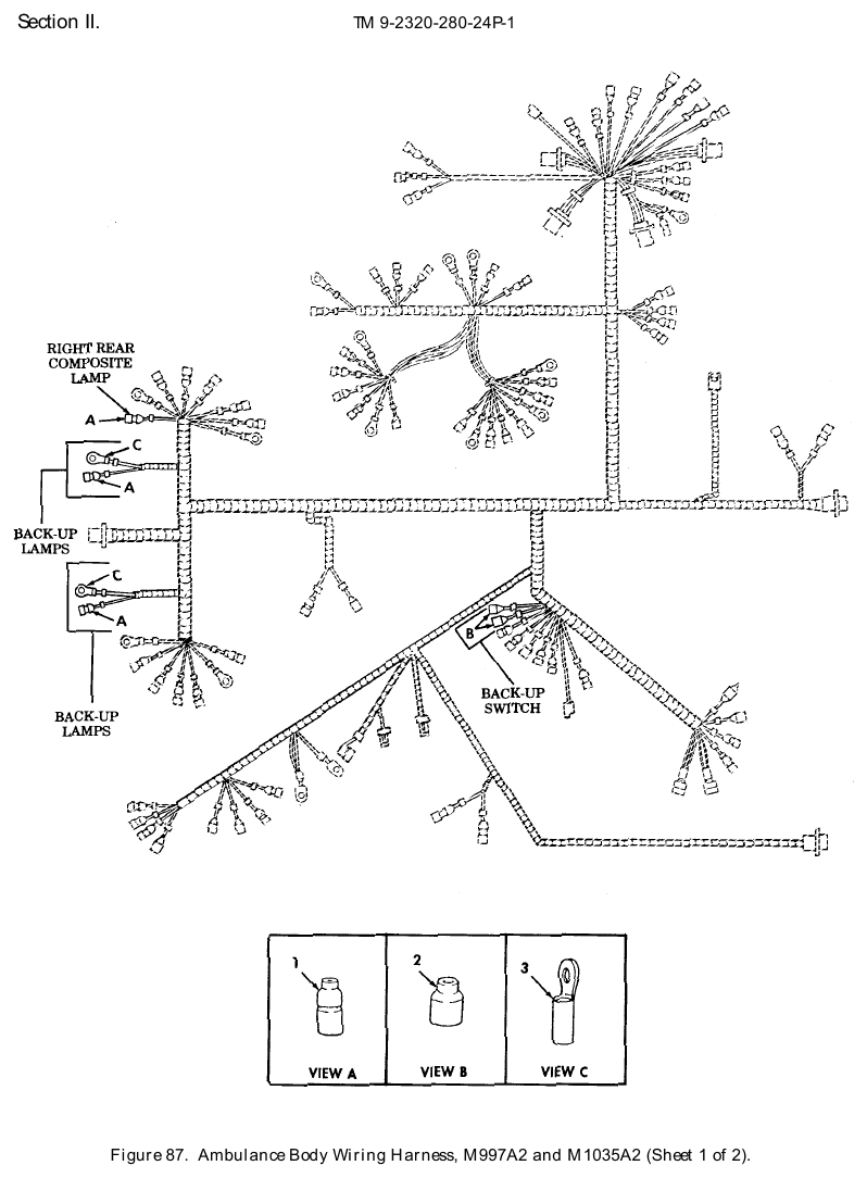TM 9-2320-280-24P figure 87, Ambulance Body Wiring Harness, M997A2 and M1035A2, sheet 1 of 2: exploded drawing with item numbers