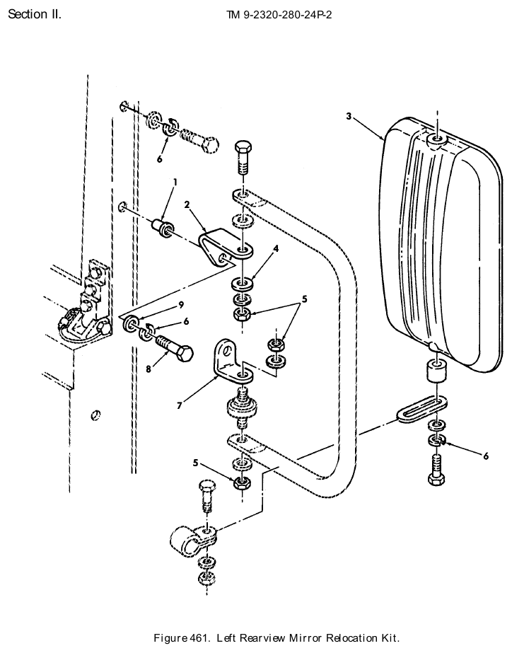 TM 9-2320-280-24P figure 461, Left Rearview Mirror Relocation Kit: exploded drawing with item numbers