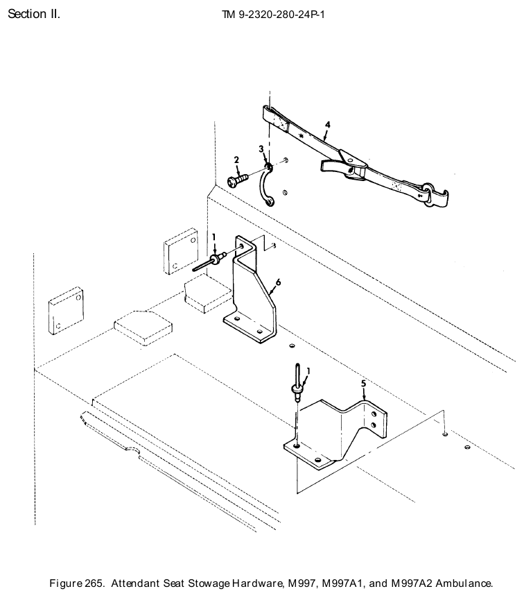 TM 9-2320-280-24P figure 265, Attendant Seat Stowage Hardware, M997, M997A1, and M997A2 Ambulance: exploded drawing with item numbers
