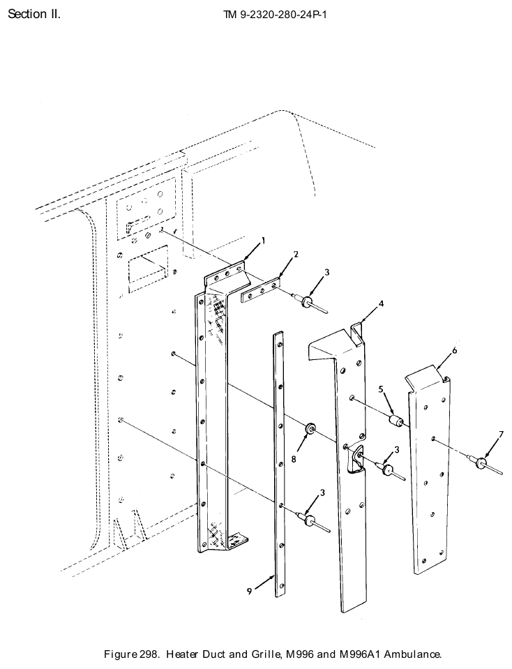 TM 9-2320-280-24P figure 298, Heater Duct and Grille, M996 and M996A1 Ambulance: exploded drawing with item numbers