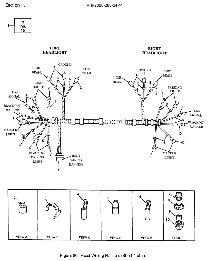 TM 9-2320-280-24P figure 80, Hood Wiring Harness, sheet 1 of 2: exploded drawing with item numbers