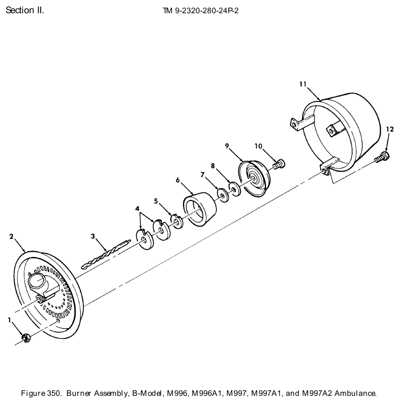 TM 9-2320-280-24P figure 350, Burner Assembly, B-Model, M996, M996A1, M997, M997A1, and M997A2 Ambulance: exploded drawing with item numbers