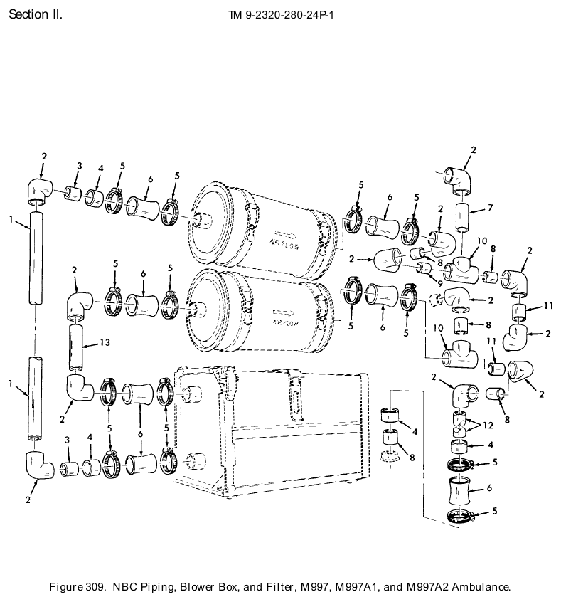 TM 9-2320-280-24P figure 309, NBC Piping, Blower Box, and Filter, M997, M997A1, and M997A2 Ambulance: exploded drawing with item numbers