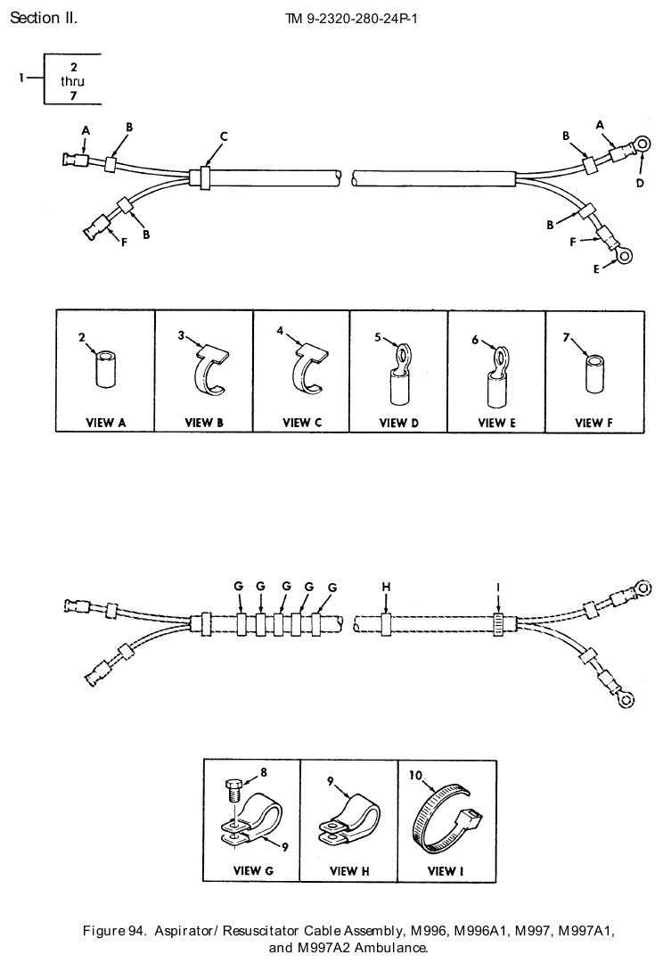 TM 9-2320-280-24P figure 94, Aspirator/Resuscitator Cable Assembly, M996, M996A1, M997, M997A1, and M997A2 Ambulance: exploded drawing with item numbers
