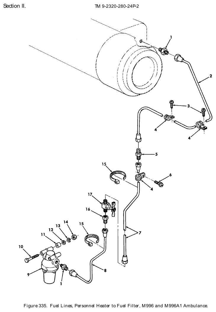 TM 9-2320-280-24P figure 335, Fuel Lines, Personnel Heater to Fuel Filter, M996 and M996A1 Ambulance: exploded drawing with item numbers