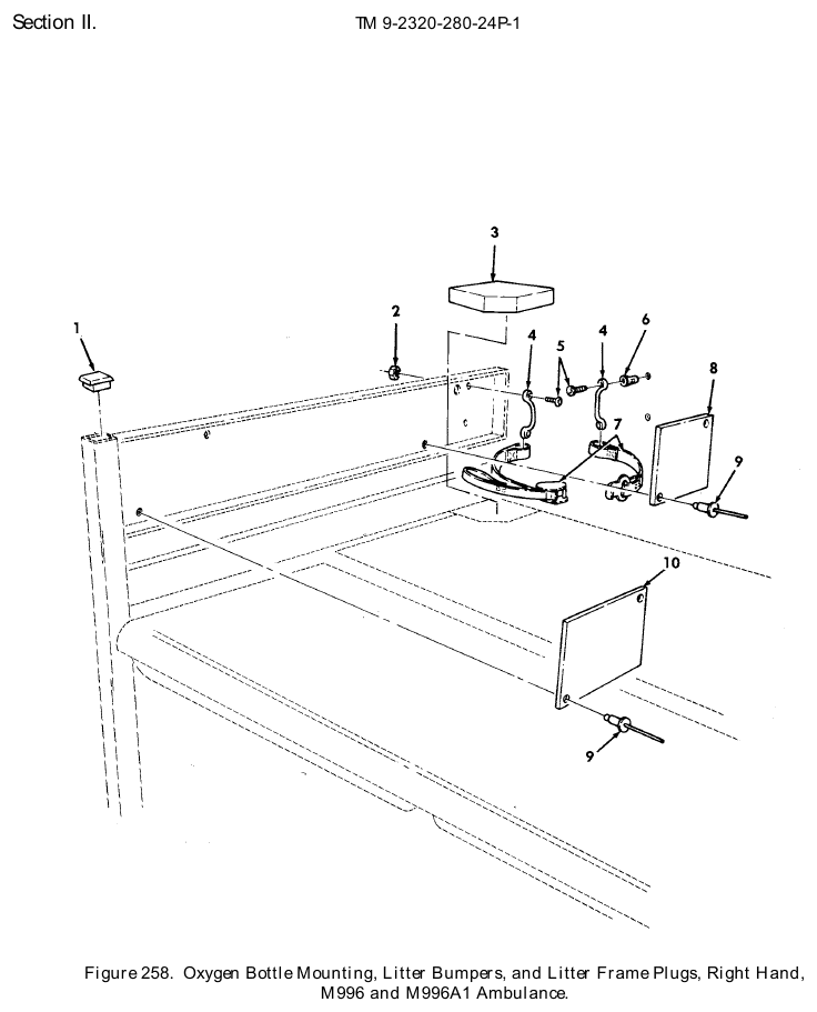 TM 9-2320-280-24P figure 258, Oxygen Bottle Mounting, Litter Bumpers, and Litter Frame Plugs, Right Hand, M996 and M996A1 Ambulance: exploded drawing with item numbers