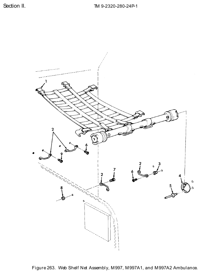 TM 9-2320-280-24P figure 263, Web Shelf Net Assembly, M997, M997A1, and M997A2 Ambulance: exploded drawing with item numbers
