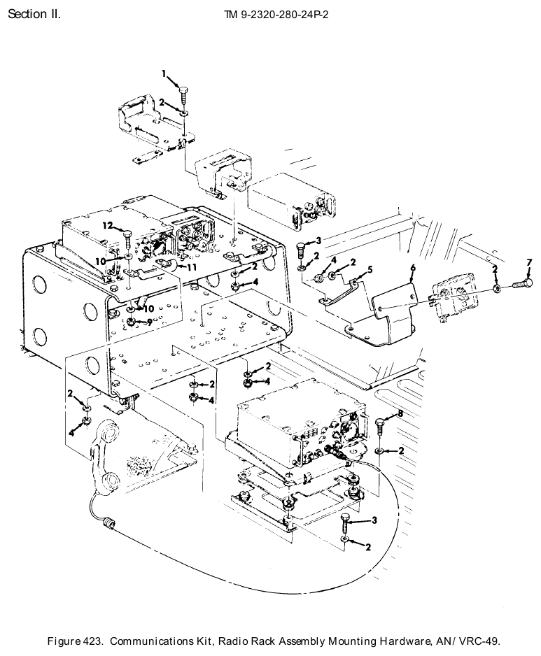 TM 9-2320-280-24P figure 423, Communications Kit, Radio Rack Assembly Mounting Hardware, AN/VRC-49: exploded drawing with item numbers