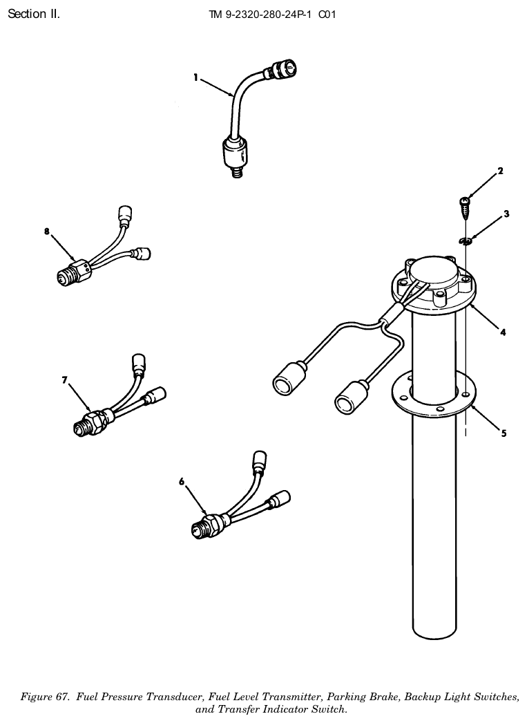 TM 9-2320-280-24P figure 67, Fuel Pressure Transducer, Fuel Level Transmitter, Parking Brake, Backup Light Switches, and Transfer Indicator Switch: exploded drawing with item numbers