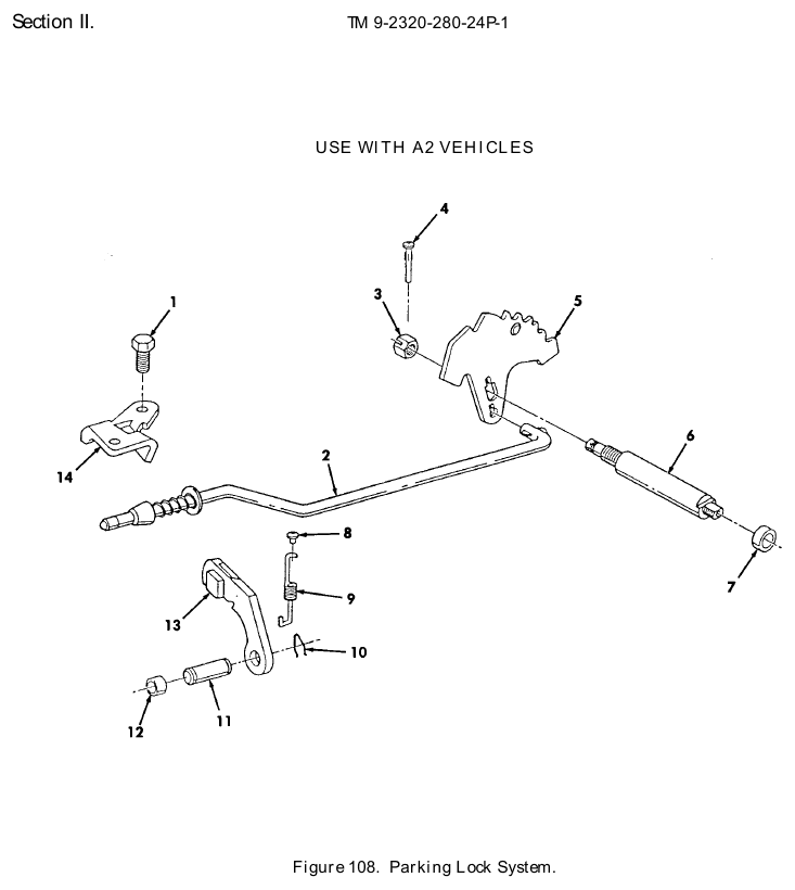 TM 9-2320-280-24P figure 108, Parking Lock System: exploded drawing with item numbers