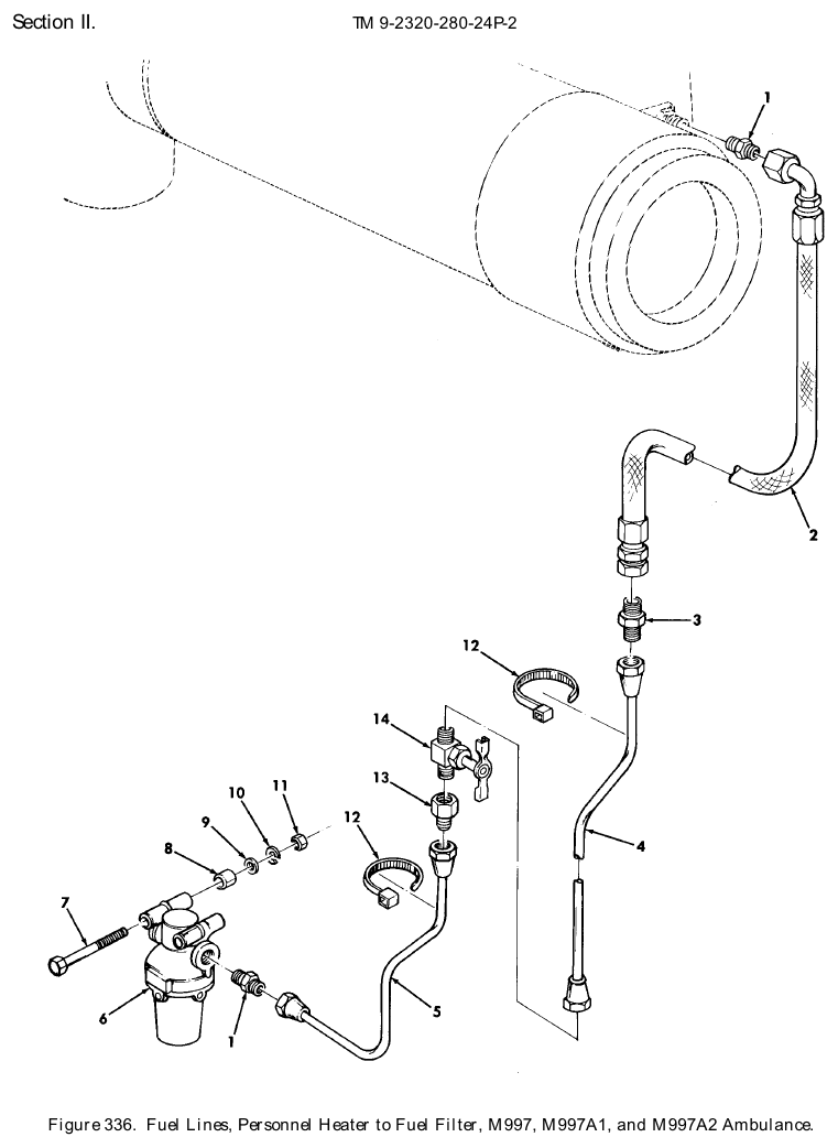 TM 9-2320-280-24P figure 336, Fuel Lines, Personnel Heater to Fuel Filter, M997, M997A1, and M997A2 Ambulance: exploded drawing with item numbers