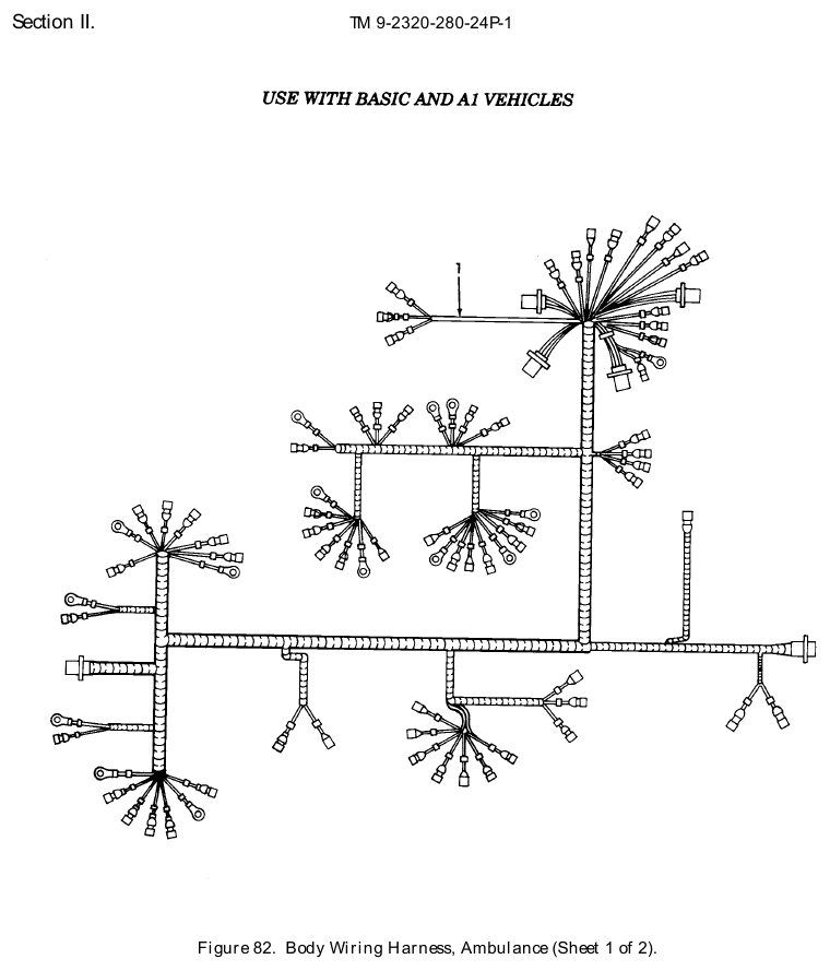TM 9-2320-280-24P figure 82, Body Wiring Harness, Ambulance, sheet 1 of 2: exploded drawing with item numbers