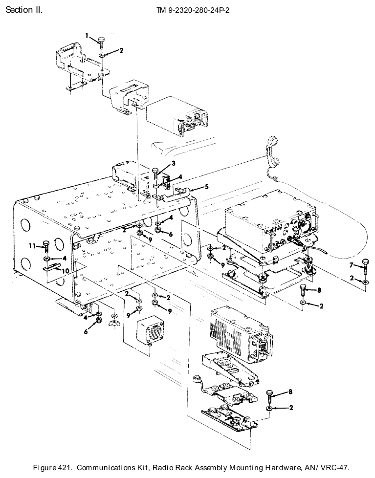 TM 9-2320-280-24P figure 421, Communications Kit, Radio Rack Assembly Mounting Hardware, AN/VRC-47: exploded drawing with item numbers