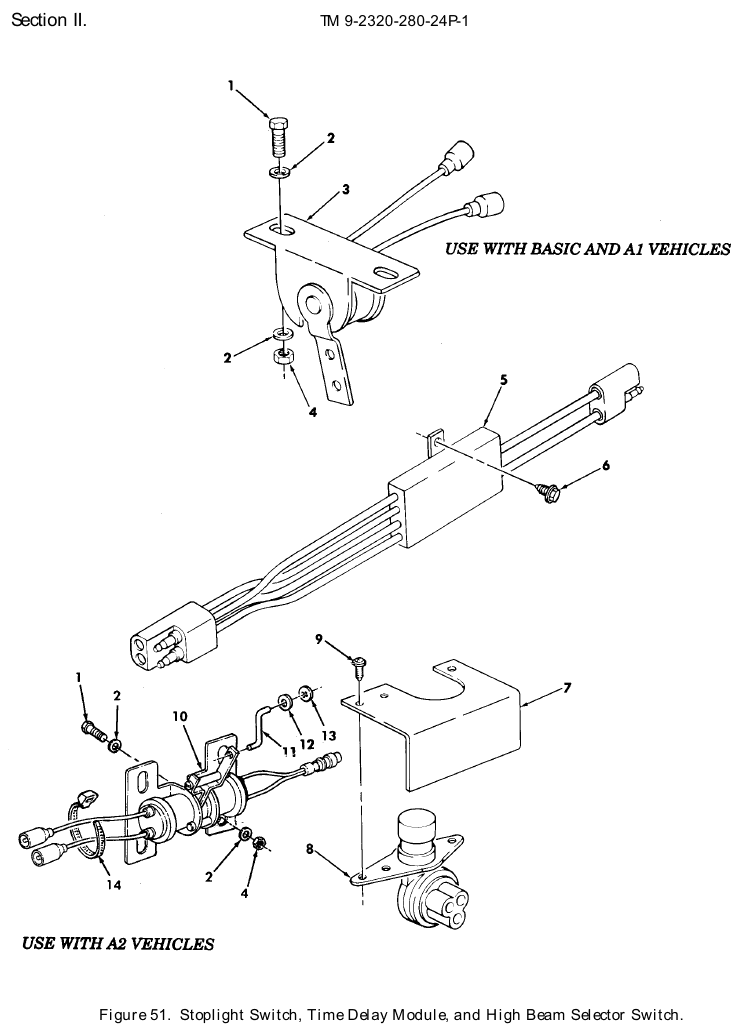 TM 9-2320-280-24P figure 51, Stoplight Switch, Time Delay Module, and High Beam Selector Switch: exploded drawing with item numbers
