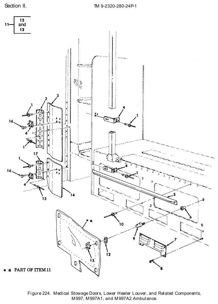 TM 9-2320-280-24P figure 224, Medical Stowage Doors, Lower Heater Louver, and Related Components, M997, M997A1, and M997A2 Ambulance: exploded drawing with item numbers