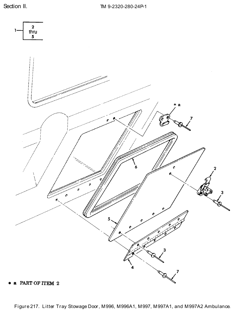 TM 9-2320-280-24P figure 217, Litter Tray Stowage Door, M996, M996A1, M997, M997A1, and M997A2 Ambulance: exploded drawing with item numbers