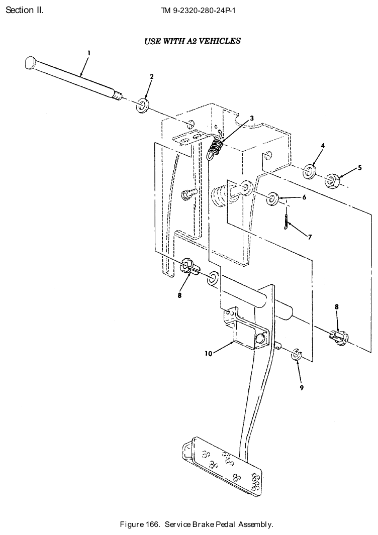 TM 9-2320-280-24P figure 166, Service Brake Pedal Assembly: exploded drawing with item numbers