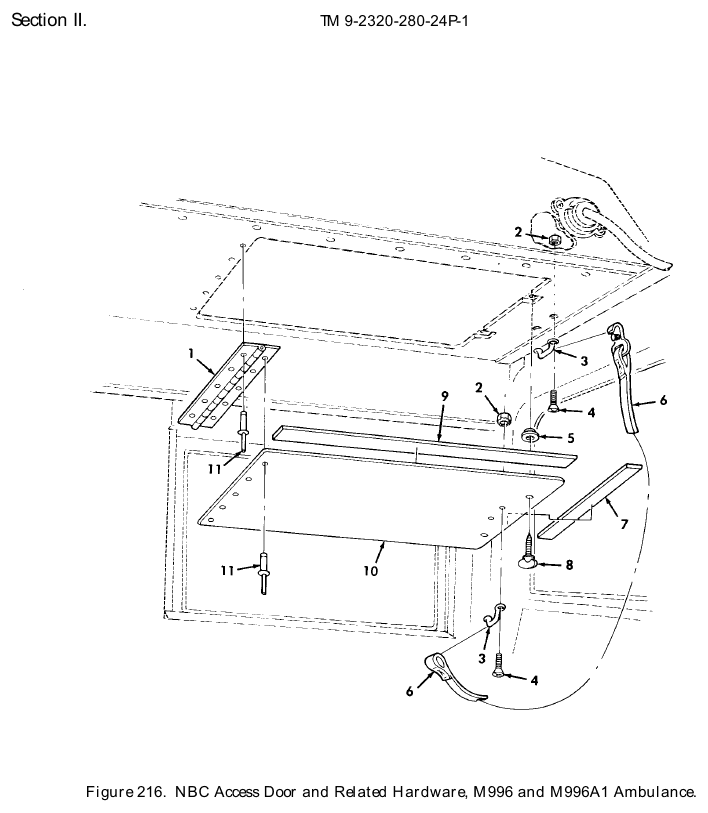 TM 9-2320-280-24P figure 216, NBC Access Door and Related Hardware, M996 and M996A1 Ambulance: exploded drawing with item numbers