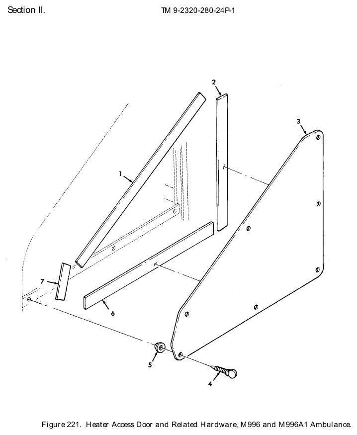 TM 9-2320-280-24P figure 221, Heater Access Door and Related Hardware, M996 and M996A1 Ambulance: exploded drawing with item numbers