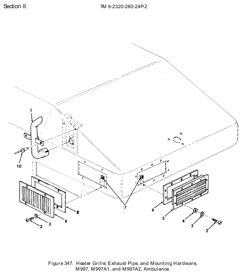 TM 9-2320-280-24P figure 347, Heater Grille, Exhaust Pipe, and Mounting Hardware, M997, M997A1, and M997A2, Ambulance: exploded drawing with item numbers
