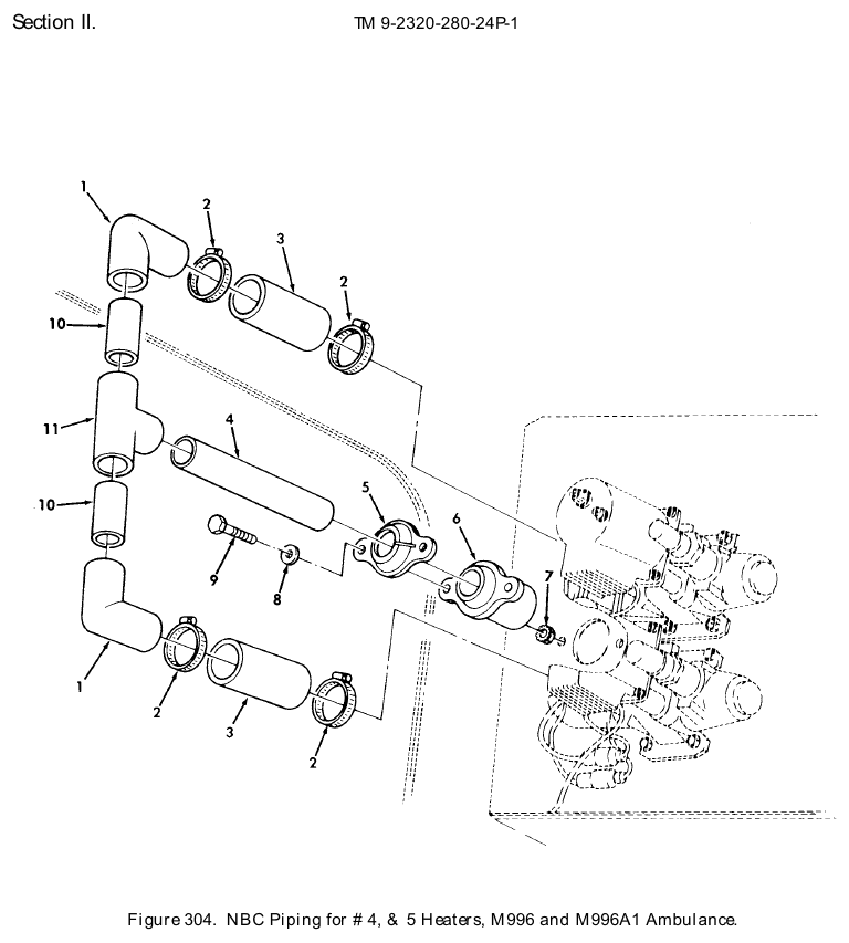 TM 9-2320-280-24P figure 304, NBC Piping for # 4, & 5 Heaters, M996 and M996A1 Ambulance: exploded drawing with item numbers