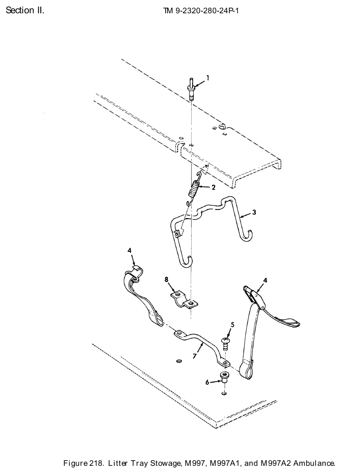 TM 9-2320-280-24P figure 218, Litter Tray Stowage, M997, M997A1, and M997A2 Ambulance: exploded drawing with item numbers