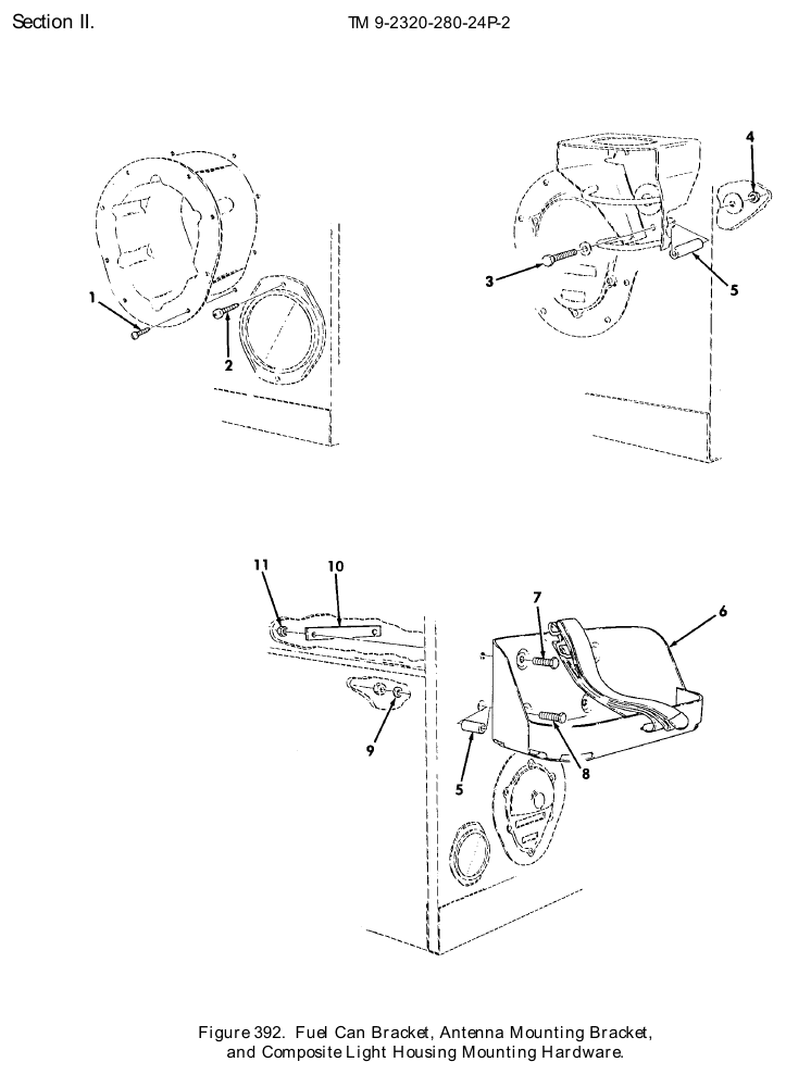 TM 9-2320-280-24P figure 392, Fuel Can Bracket, Antenna Mounting Bracket, and Composite Light Housing Mounting Hardware: exploded drawing with item numbers
