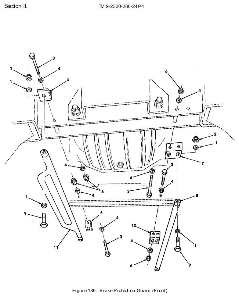 TM 9-2320-280-24P figure 189, Brake Protection Guard (Front): exploded drawing with item numbers