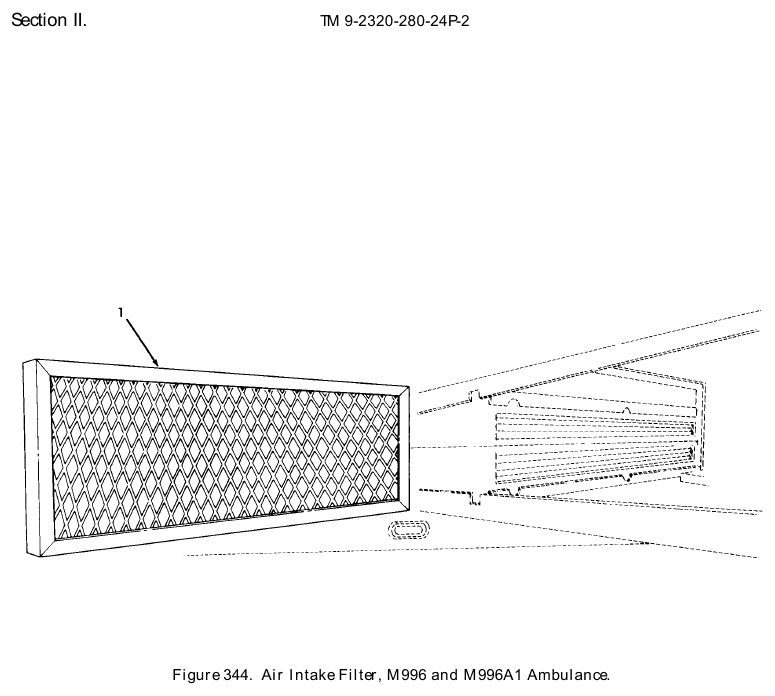 TM 9-2320-280-24P figure 344, Air Intake Filter, M996 and M996A1 Ambulance: exploded drawing with item numbers