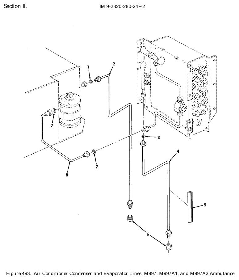 TM 9-2320-280-24P figure 493, Air Conditioner Condenser and Evaporator Lines, M997, M997A1, and M997A2 Ambulance: exploded drawing with item numbers