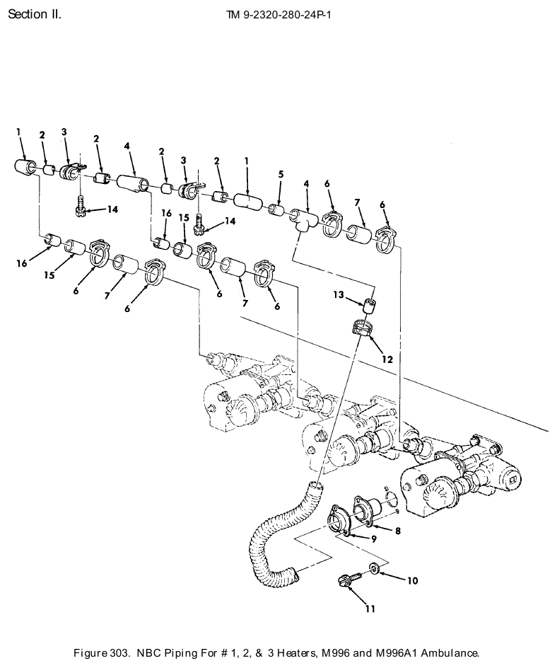 TM 9-2320-280-24P figure 303, NBC Piping For # 1, 2, & 3 Heaters, M996 and M996A1 Ambulance: exploded drawing with item numbers
