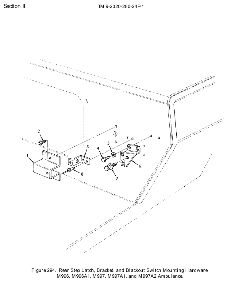 TM 9-2320-280-24P figure 294, Rear Step Latch, Bracket, and Blackout Switch Mounting Hardware, M996, M996A1, M997, M997A1, and M997A2 Ambulance: exploded drawing with item numbers