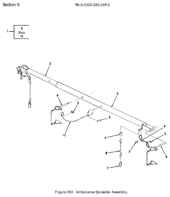 TM 9-2320-280-24P figure 353, Ambulance Spreader Assembly: exploded drawing with item numbers