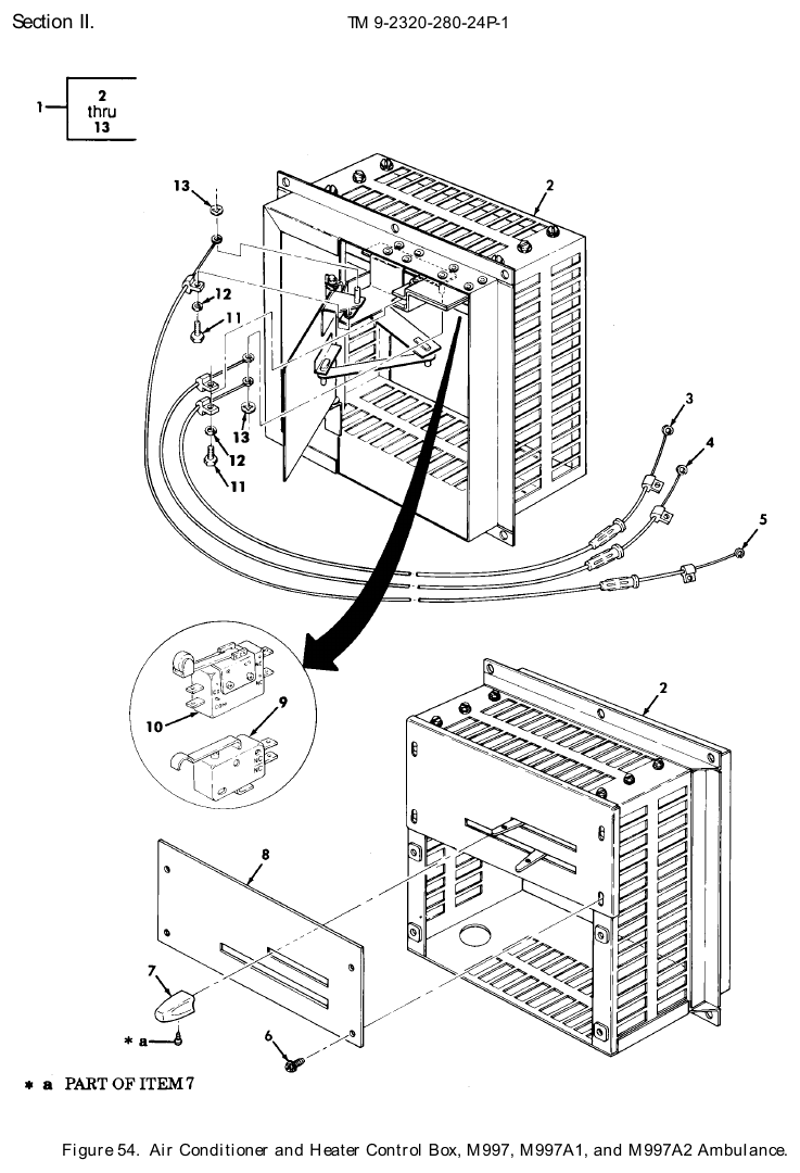 TM 9-2320-280-24P figure 54, Air Conditioner and Heater Control Box, M997, M997A1, and M997A2 Ambulance: exploded drawing with item numbers