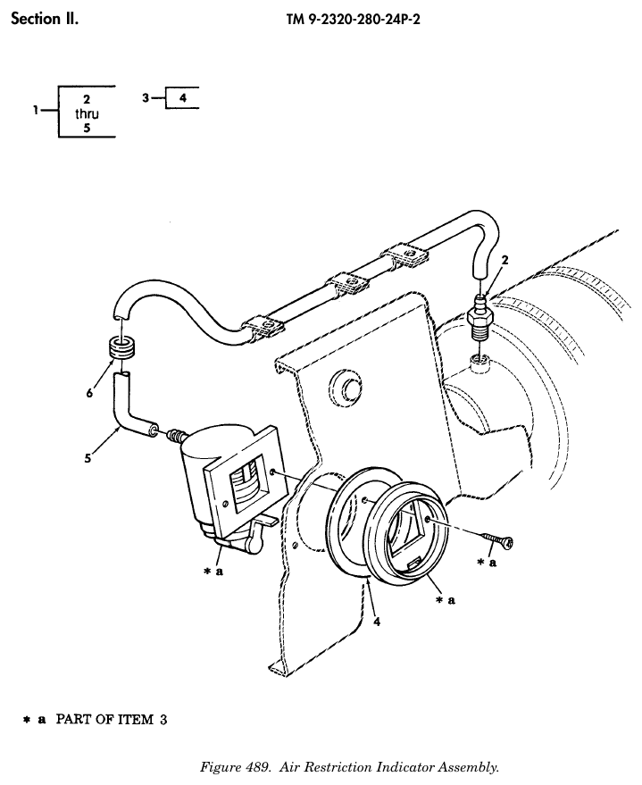 TM 9-2320-280-24P figure 489, Air Restriction Indicator Assembly: exploded drawing with item numbers