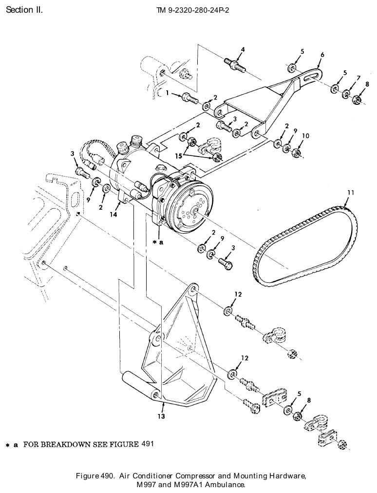 TM 9-2320-280-24P figure 490, Air Conditioner Compressor and Mounting Hardware, M997 and M997A1 Ambulance: exploded drawing with item numbers