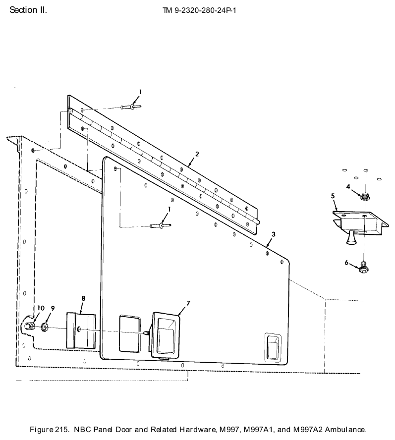 TM 9-2320-280-24P figure 215, NBC Panel Door and Related Hardware, M997, M997A1, and M997A2 Ambulance: exploded drawing with item numbers