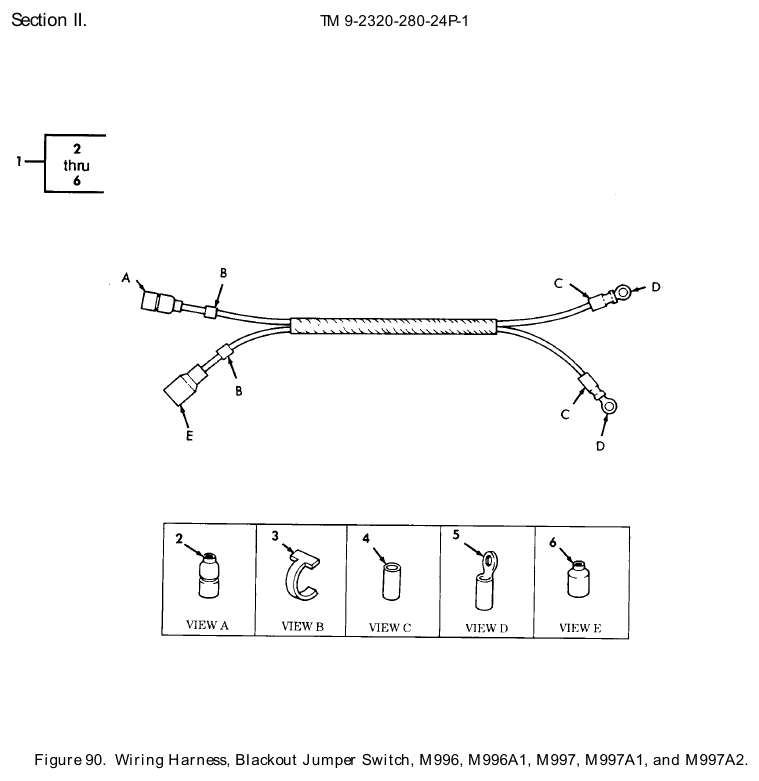 TM 9-2320-280-24P figure 90, Wiring Harness, Blackout Jumper Switch, M996, M996A1, M997, M997A1, and M997A2: exploded drawing with item numbers