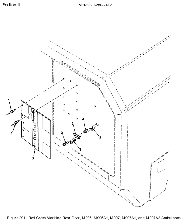 TM 9-2320-280-24P figure 291, Red Cross Marking Rear Door, M996, M996A1, M997, M997A1, and M997A2 Ambulance: exploded drawing with item numbers