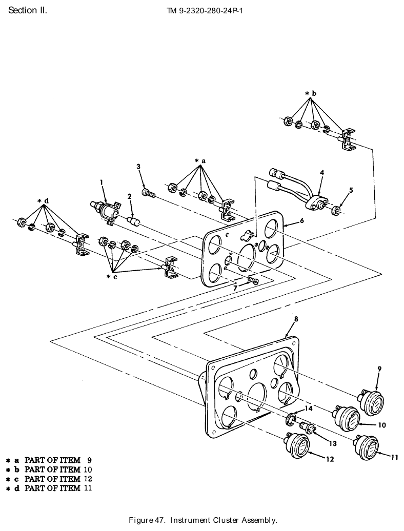 TM 9-2320-280-24P figure 47, Instrument Cluster Assembly: exploded drawing with item numbers