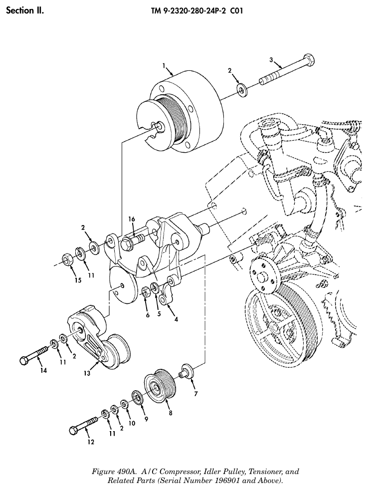 TM 9-2320-280-24P figure 490A, A/C Compressor, Idler Pulley, Tensioner, and Related Parts (Serial Number 196901 and Above): exploded drawing with item numbers