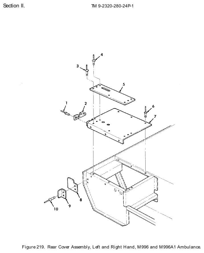 TM 9-2320-280-24P figure 219, Rear Cover Assembly, Left and Right Hand, M996 and M996A1 Ambulance: exploded drawing with item numbers