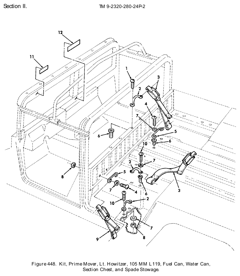 TM 9-2320-280-24P figure 448, Kit, Prime Mover, Lt. Howitzer, 105 MM L119, Fuel Can, Water Can, Section Chest, and Spade Stowage: exploded drawing with item numbers
