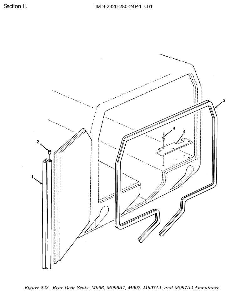 TM 9-2320-280-24P figure 223, Rear Door Seals, M996, M996A1, M997, M997A1, and M997A2 Ambulance: exploded drawing with item numbers