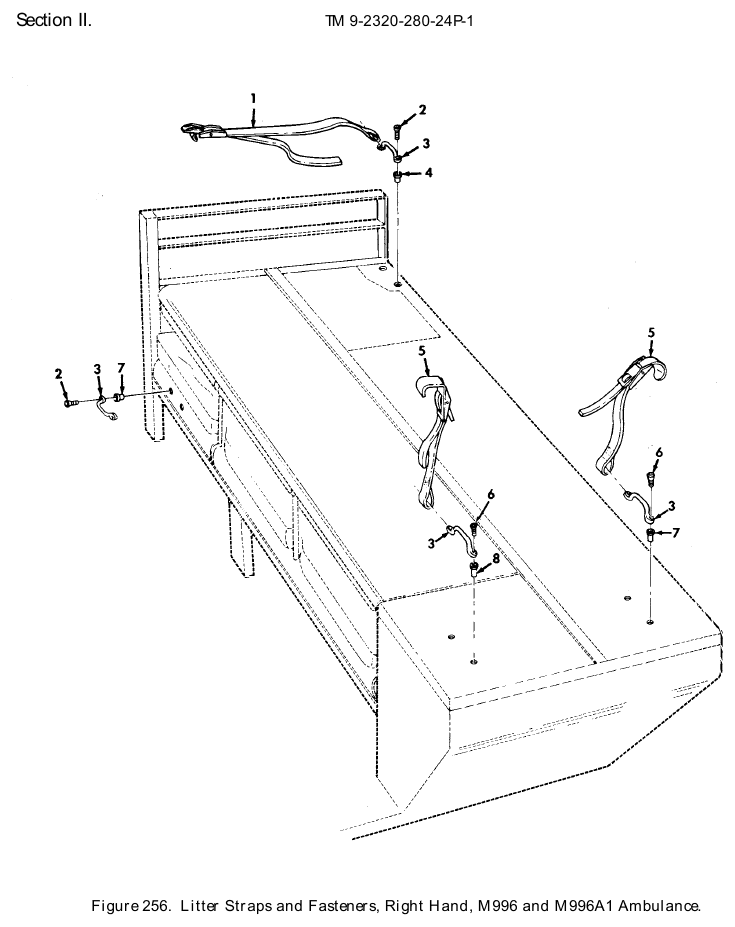 TM 9-2320-280-24P figure 256, Litter Straps and Fasteners, Right Hand, M996 and M996A1 Ambulance: exploded drawing with item numbers