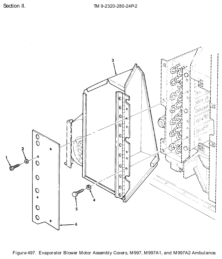 TM 9-2320-280-24P figure 497, Evaporator Blower Motor Assembly Covers, M997, M997A1, and M997A2 Ambulance: exploded drawing with item numbers