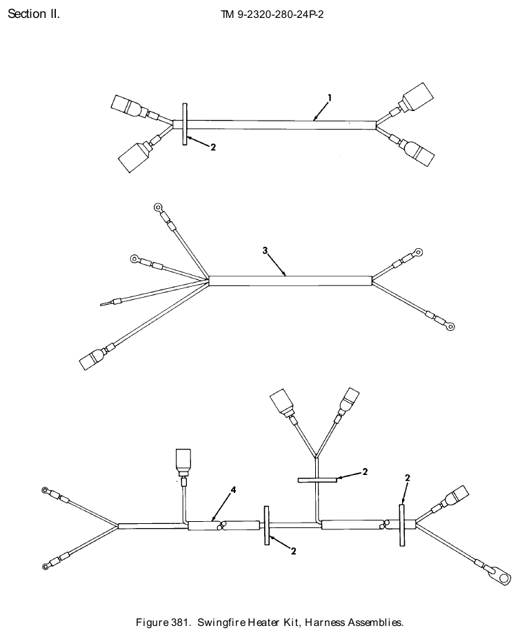 TM 9-2320-280-24P figure 381, Swingfire Heater Kit, Harness Assemblies: exploded drawing with item numbers